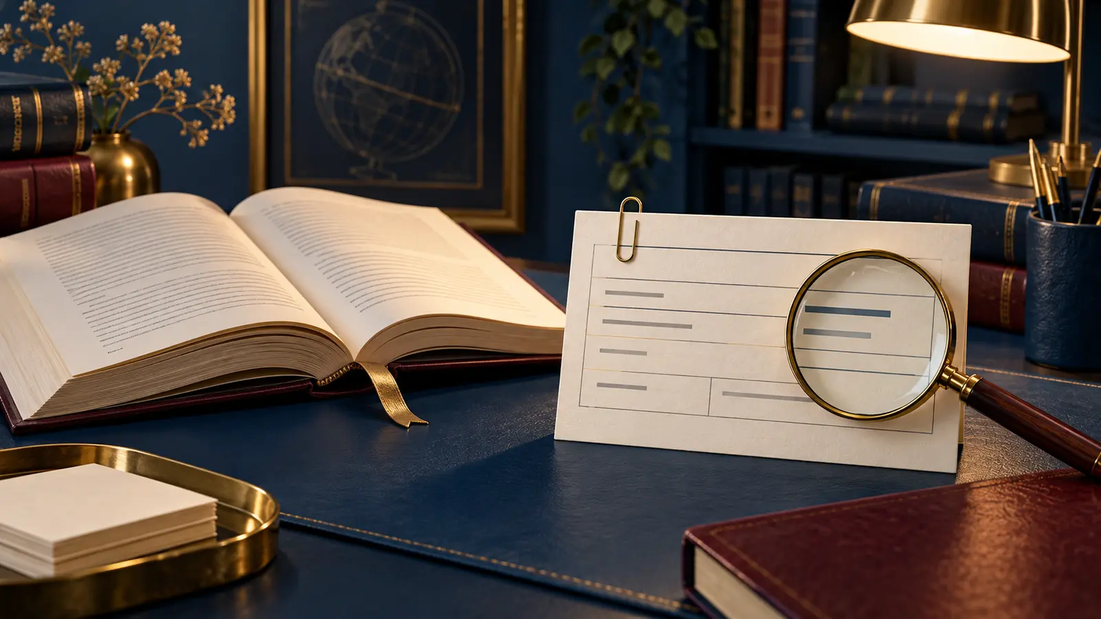 Livro aberto e ficha catalográfica organizada com lupa para conferir detalhes editoriais